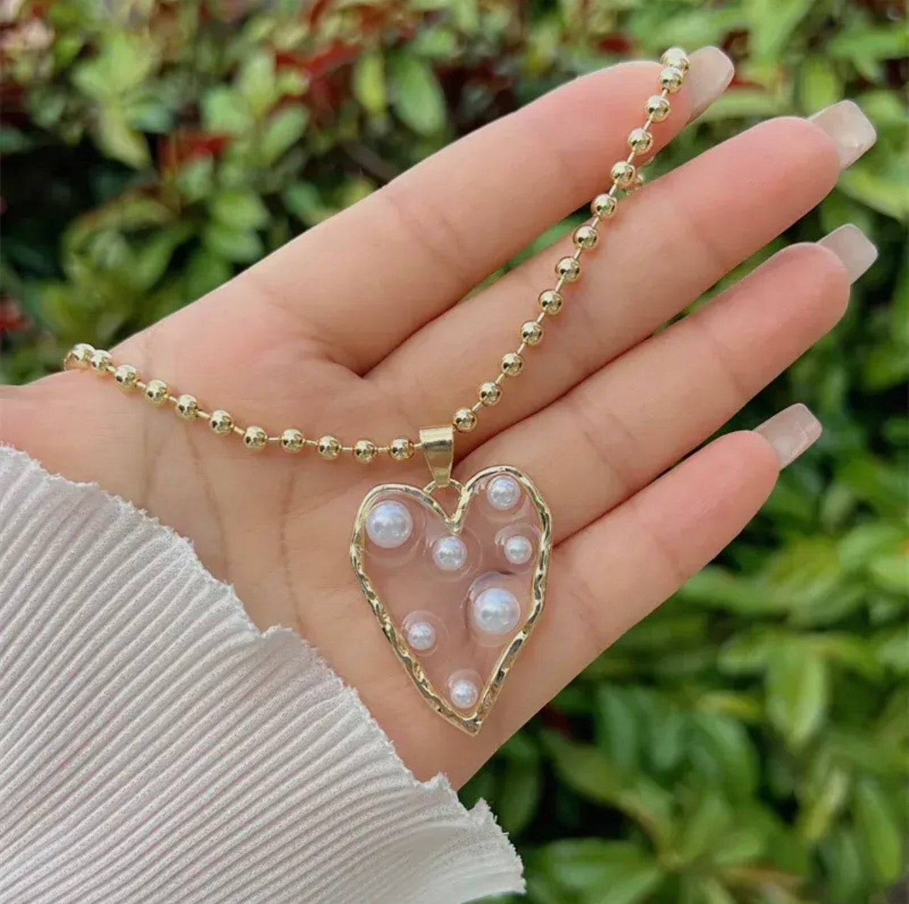 Beaded Heart Pearl Necklace- Large Heart