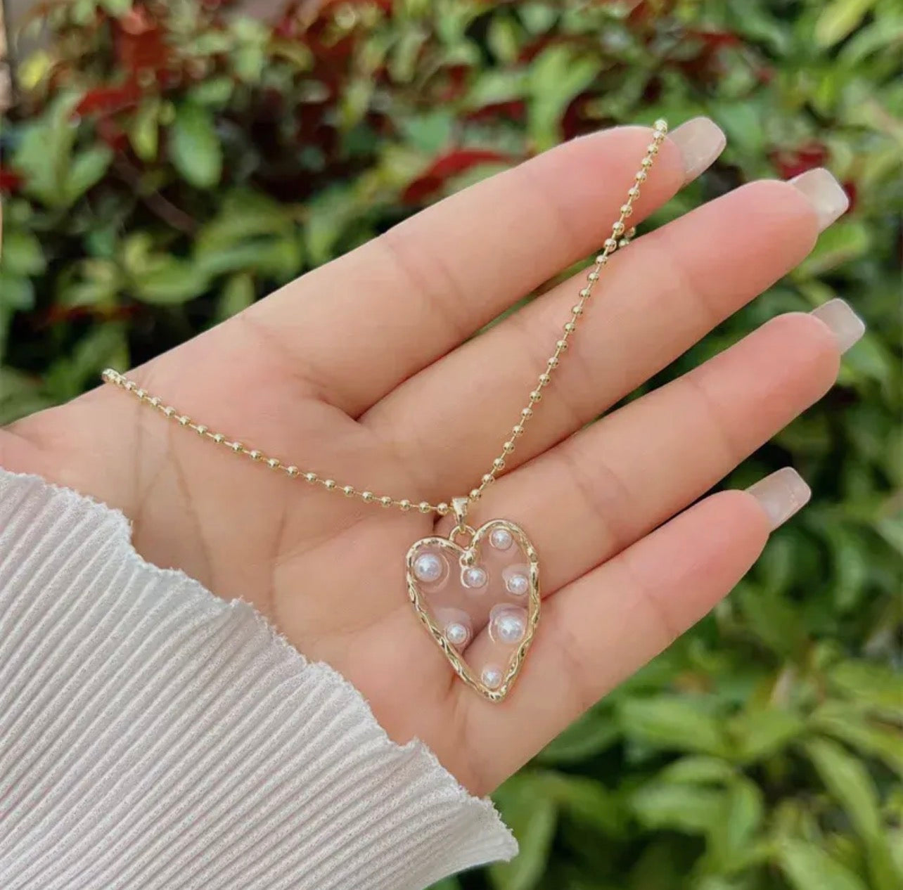 Beaded Heart Pearl Necklace- Small Heart