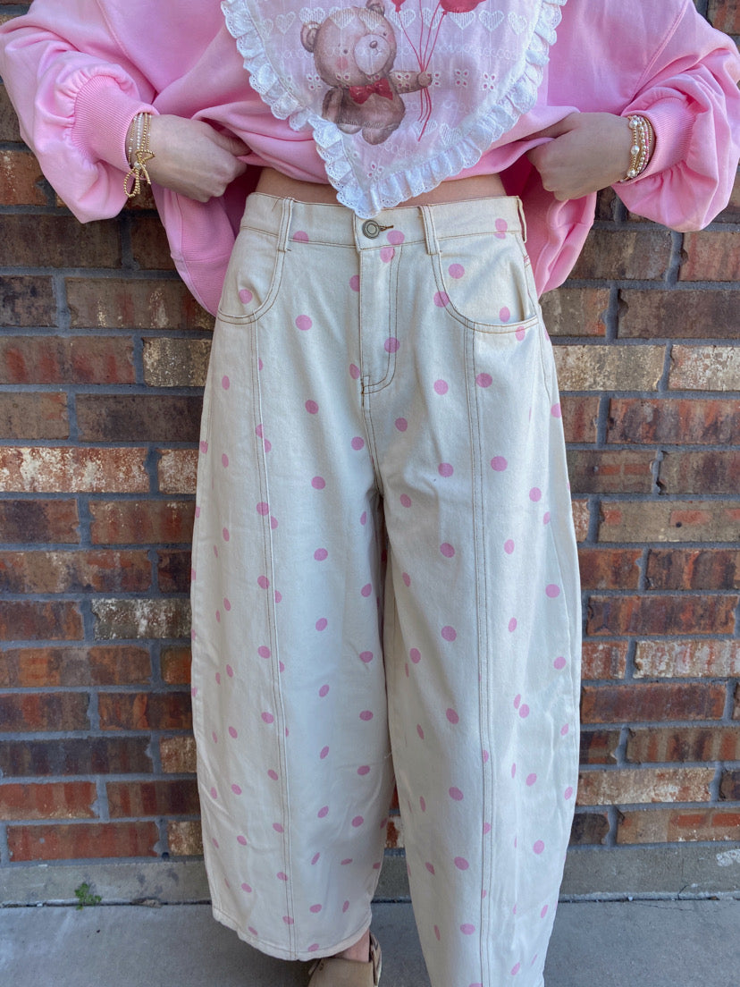 Polka Dot Barrel Jeans- Cream/Light Pink